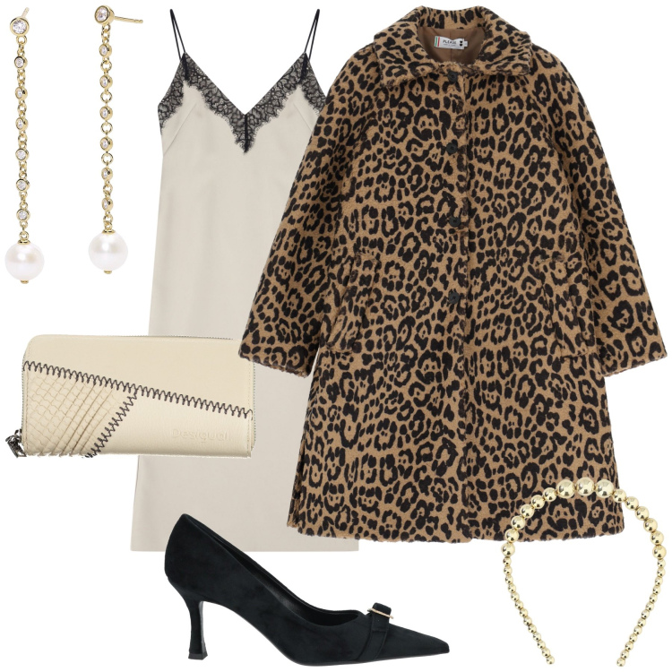 Outfit donna - Slipdress e cappottino fashion. Stile Chic per Serata fuori. Abbinamento con décolleté, orecchini, cappotti, vestiti midi/longuette, cerchietti, portafogli.
