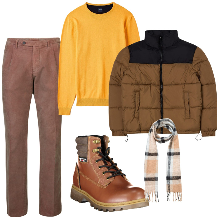 Outfit uomo - Colori solari. Stile Casual per Tutti i giorni. Abbinamento con maglieria, sciarpe, giacche, pantaloni, stivali.