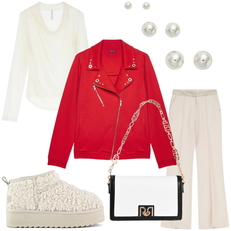 Outfit donna - Red passion. Stile Bon Ton per Tutti i giorni. Abbinamento con borse a tracolla, pantaloni, pullovers, orecchini, stivaletti, giacche.
