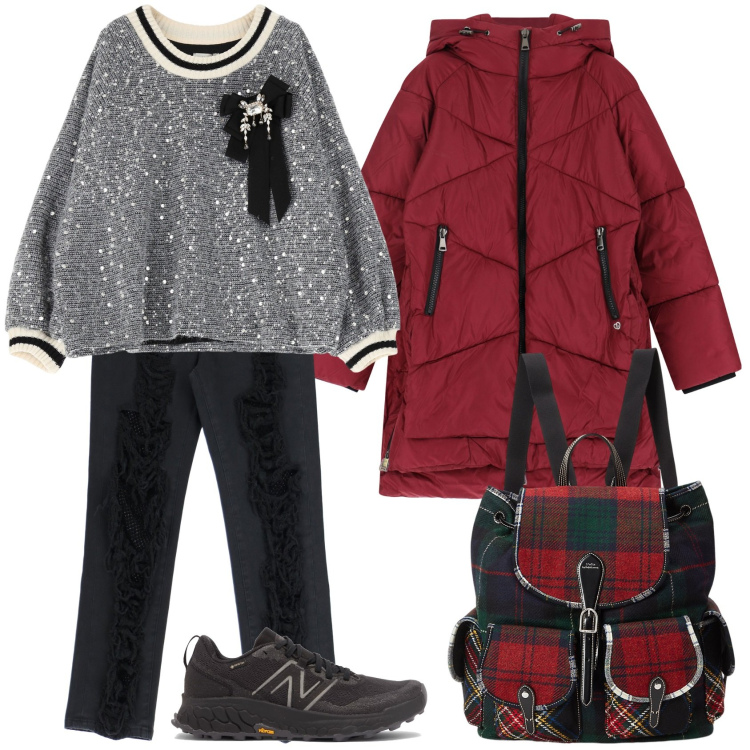 Outfit donna - Curvy sales. Stile Casual per Scuola/Università. Abbinamento con piumini, sneakers, felpe, jeans strappati, zaini.