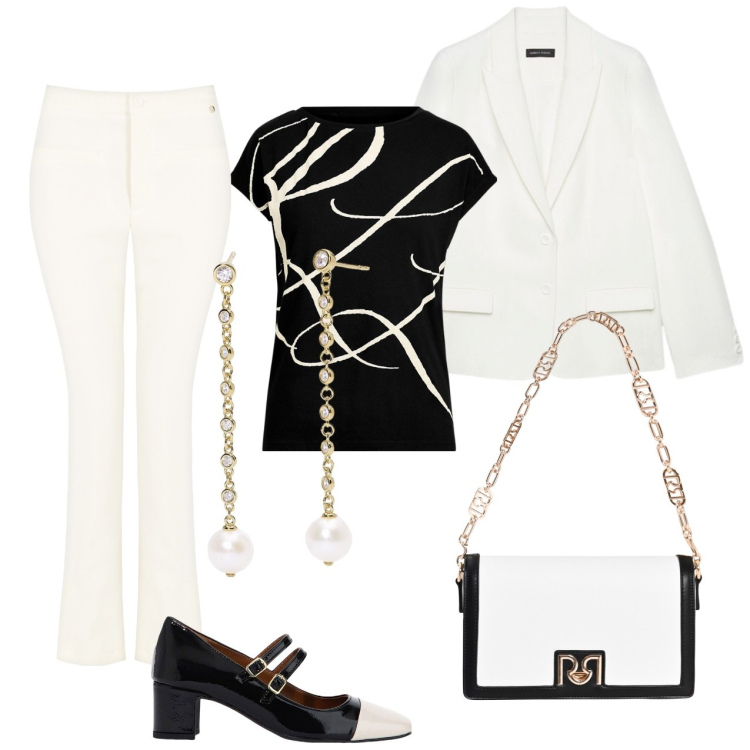 Outfit donna - Bianco e nero. Stile Casual chic per Cerimonia. Abbinamento con orecchini, pantaloni, borse a tracolla, décolleté, maglieria, blazer.