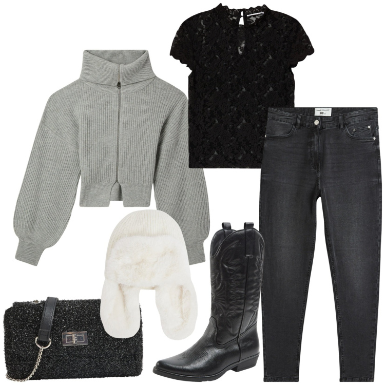 Outfit donna - Total look #2032170. Stile Casual per Tutti i giorni. Abbinamento con t-shirt, borse a tracolla, cardigans, jeans skinny, stivali, berretti.