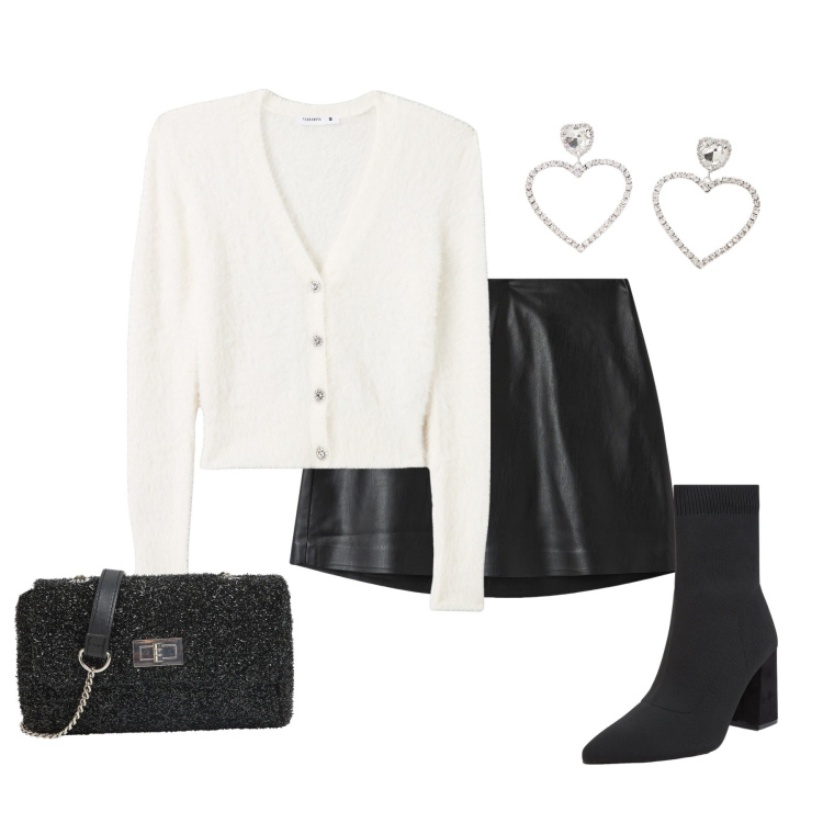 Outfit donna - Black and white. Stile Glamour per Serata fuori. Abbinamento con borse a tracolla, cardigans, minigonne, stivaletti, orecchini.