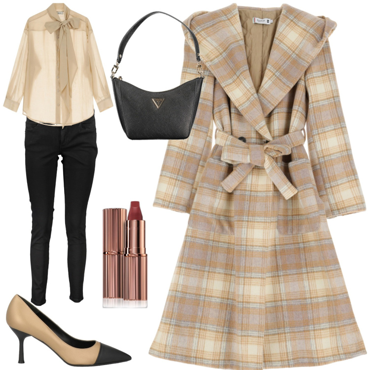 Outfit donna - Casual chic. Stile Casual chic per Tutti i giorni. Abbinamento con décolleté, rossetti, camicie, cappotti, jeans skinny, borse a spalla.