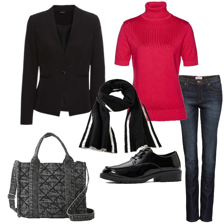 Outfit donna - bonprix - Tendenze in denim. Stile Preppy per Scuola/Università. Abbinamento con jeans mom, blazer, maglieria, borse a mano, scarpe stringate, sciarpe.