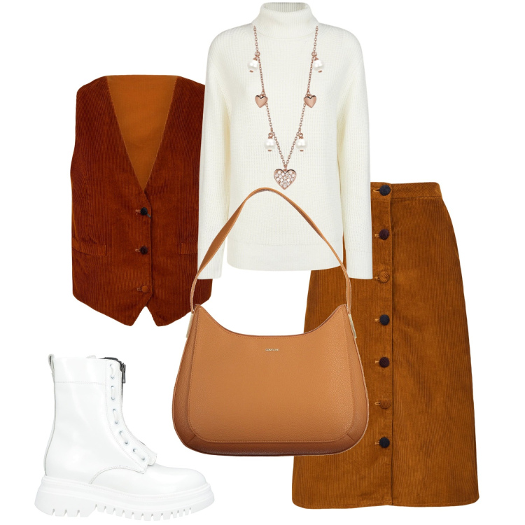 Outfit donna - Completo in velluto. Stile Trendy per Tutti i giorni. Abbinamento con stivaletti, collane, gonne longuette, maglieria, gilet, borse a spalla.