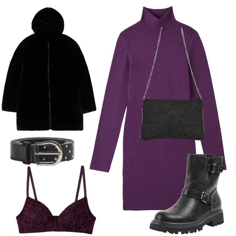 Outfit donna - Caldo porpora. Stile Rock Abbinamento con stivaletti, reggiseni, vestiti midi/longuette, ecopellicce, borse a tracolla, cinture.