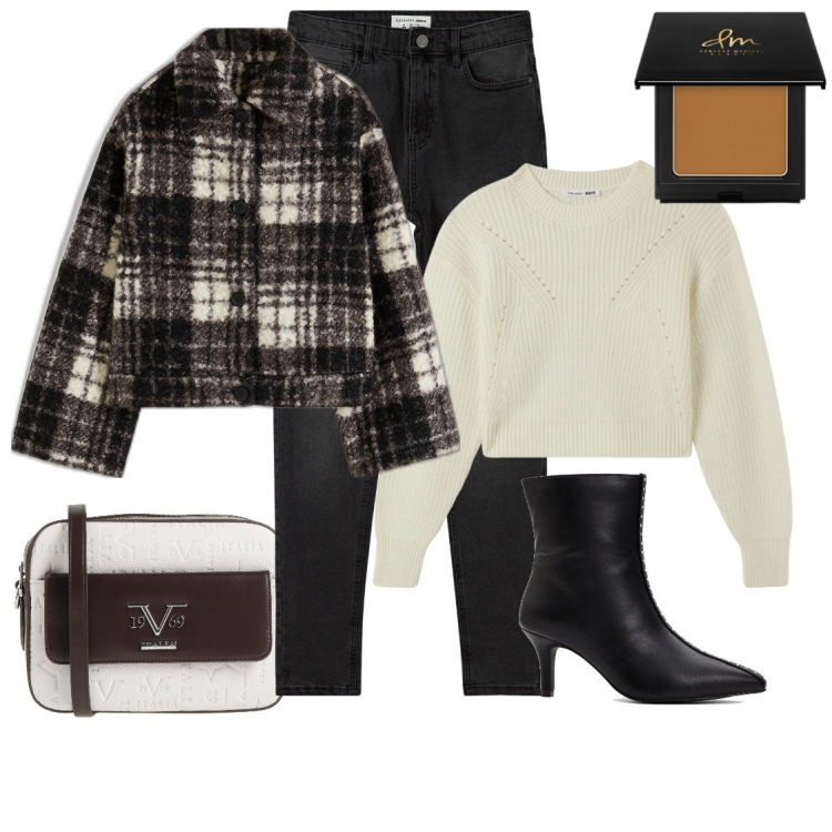 Outfit donna - Giacca Tartan. Stile Casual per Tutti i giorni. Abbinamento con blazer, stivaletti, borse a tracolla, terre, jeans skinny, maglieria.