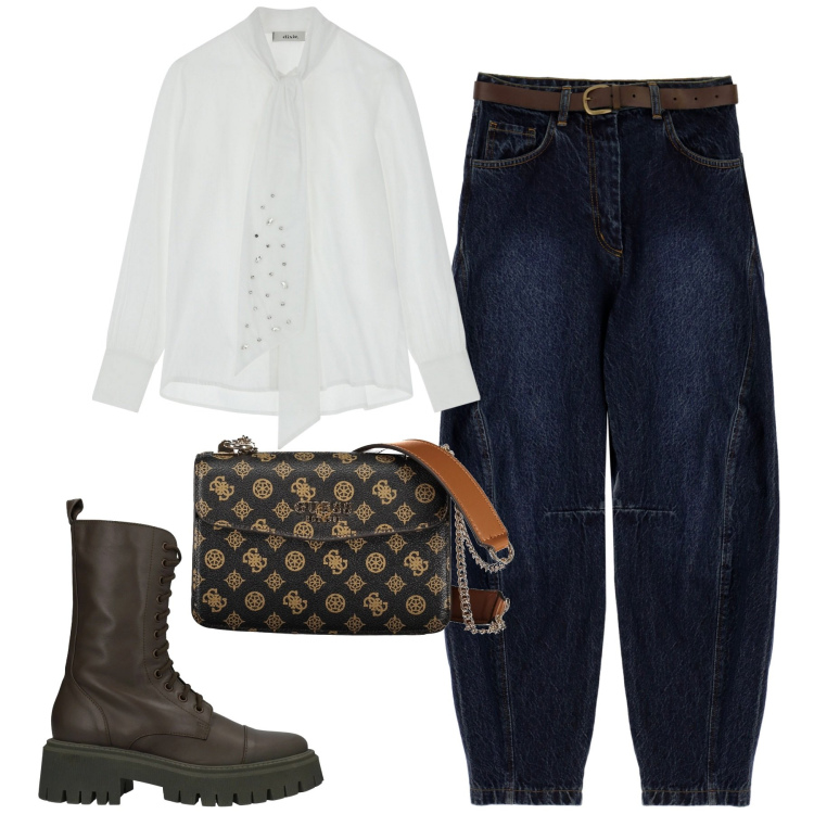 Outfit donna - I jeans Bloon. Stile Casual per Tutti i giorni. Abbinamento con stivaletti, bluse, jeans, borse a spalla.