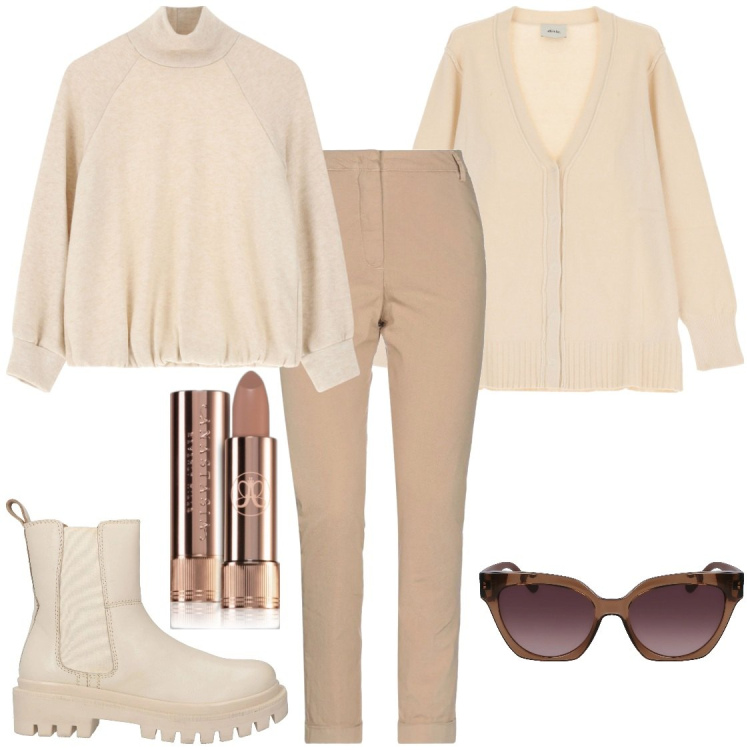 Outfit donna - Eleganza in stivali casual. Stile Casual chic per Tutti i giorni. Abbinamento con pantaloni, stivaletti chelsea, rossetti, maglieria, cardigans, occhiali da sole.