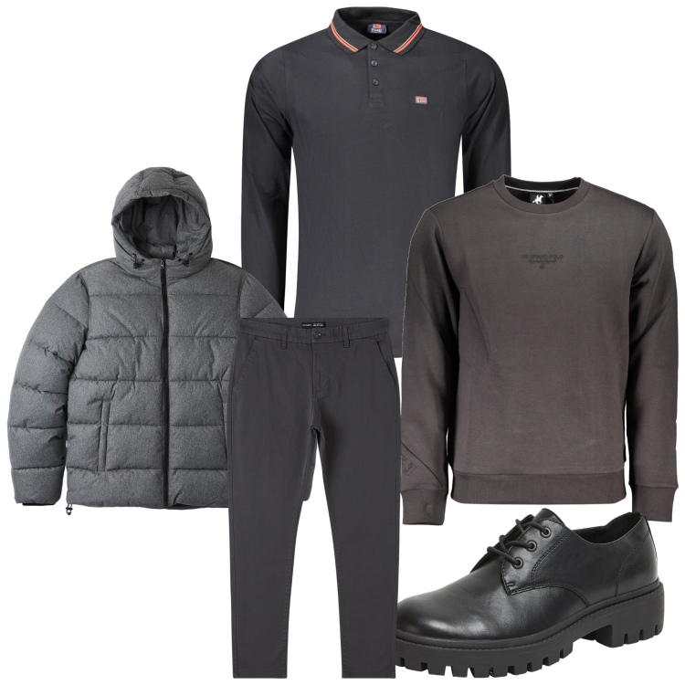 Outfit uomo - Tono su tono. Stile Business/Elegante per Ufficio. Abbinamento con pantaloni chino, scarpe stringate, piumini, felpe, polo.