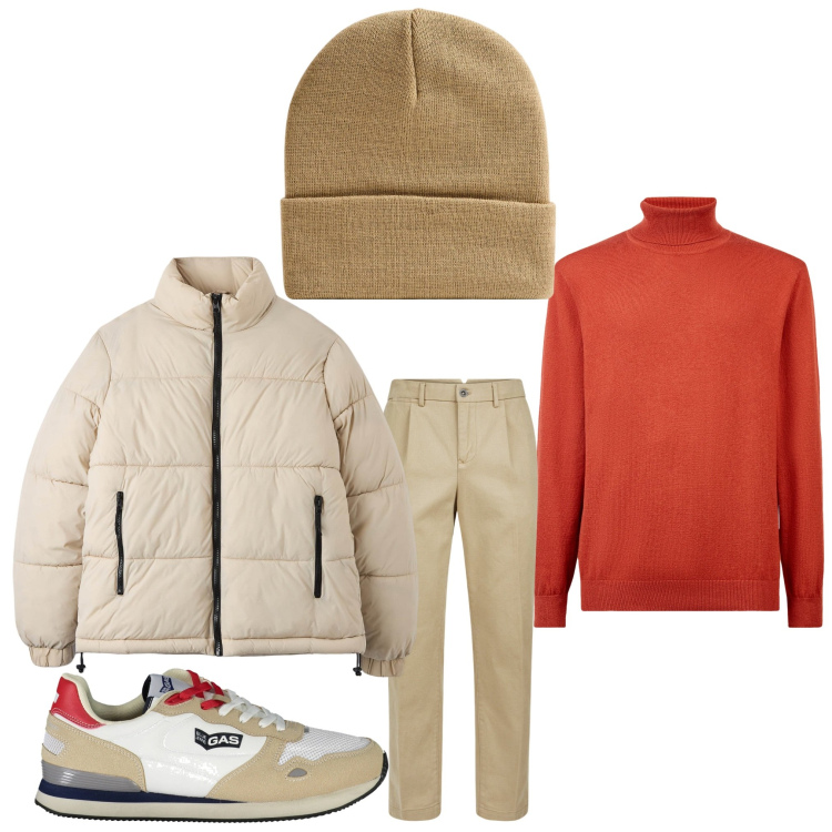 Outfit uomo - Il maglione vivace. Stile Casual per Tutti i giorni. Abbinamento con piumini, berretti, maglieria, pantaloni, sneakers.