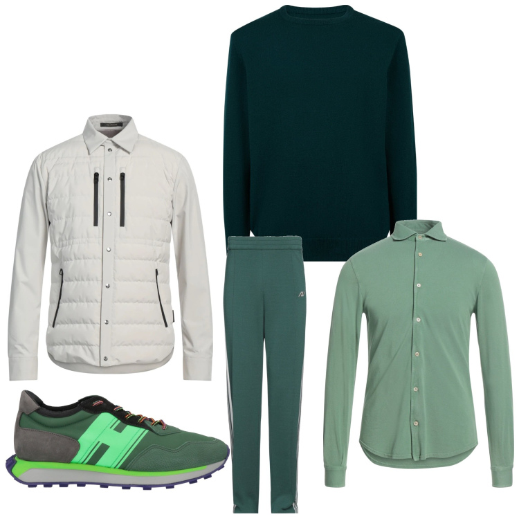 Outfit uomo - Sempreverde. Stile Casual per Tutti i giorni. Abbinamento con pantaloni, sneakers, piumini, camicie, maglieria.