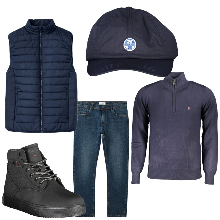 Outfit uomo - Facciamo due passi. Stile Casual per Tutti i giorni. Abbinamento con gilet, jeans, cappelli con visiera, stivali, maglieria.