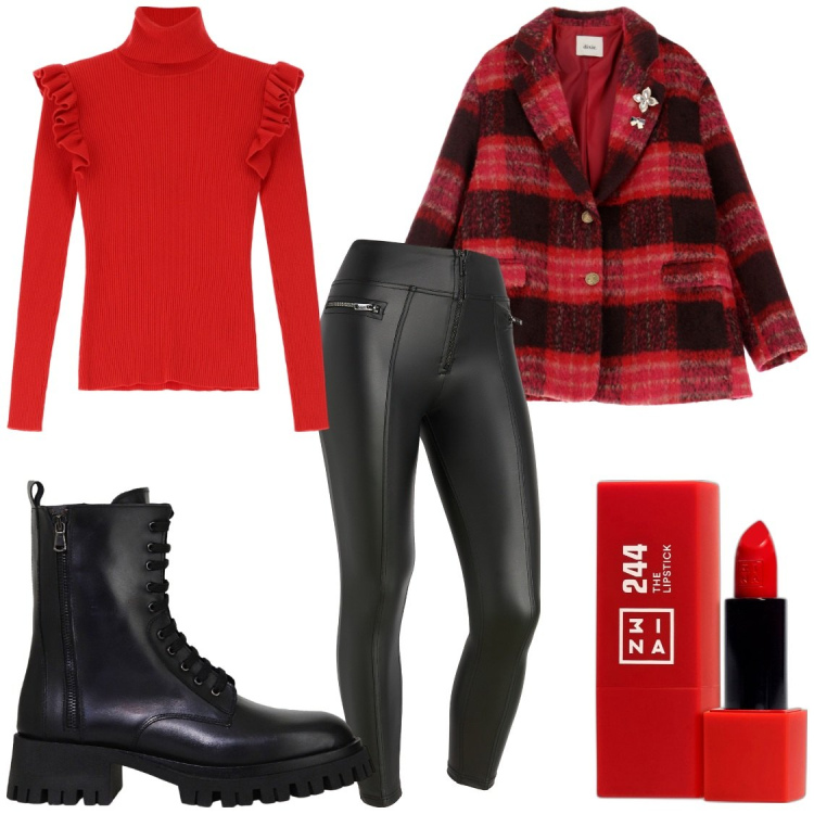 Outfit donna - Rosso e nero. Stile Casual chic per Tutti i giorni. Abbinamento con rossetti, maglieria, pantaloni skinny, blazer, stivali.