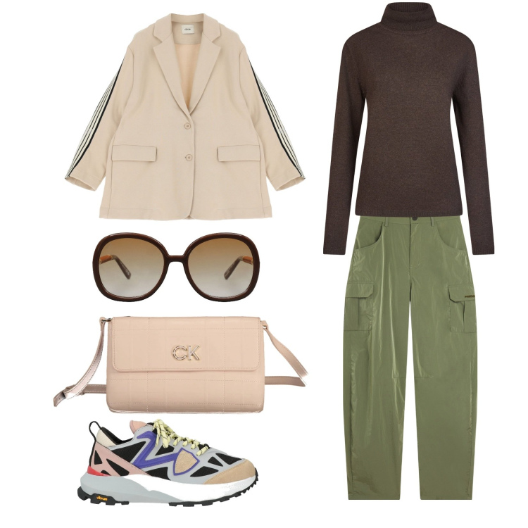 Outfit donna - La comodità. Stile Casual per Tutti i giorni. Abbinamento con sneakers, occhiali da sole, pantaloni cargo, blazer, borse a tracolla, maglieria.