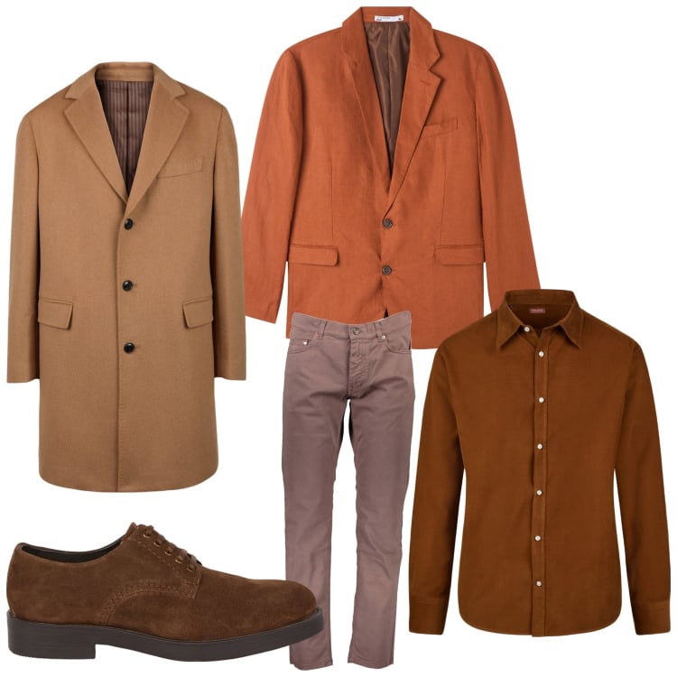 Outfit uomo - Colori caldi in ufficio. Stile Business/Elegante per Ufficio. Abbinamento con giacche, cappotti, pantaloni, camicie, scarpe stringate.