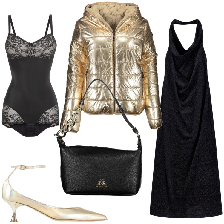 Outfit donna - Elementi oro. Stile Chic per Serata fuori. Abbinamento con body, décolleté, vestiti midi/longuette, borse a spalla, piumini.