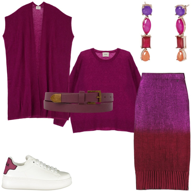 Outfit donna - 2025 a colori. Stile Glamour per Tutti i giorni. Abbinamento con orecchini, gonne, maglieria, cappotti, cinture, sneakers.