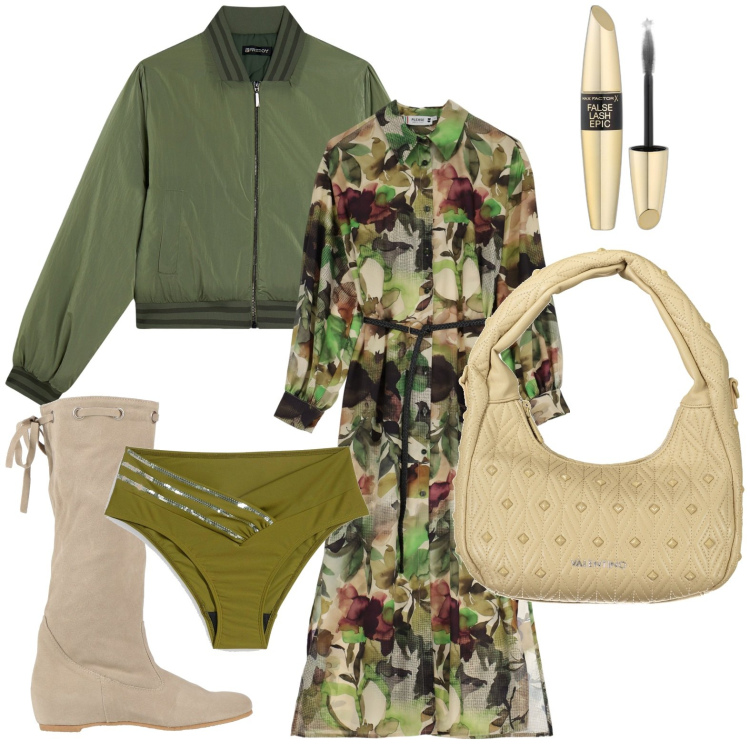 Outfit donna - L\'abito fantasia. Stile Urban per Ufficio. Abbinamento con culotte, stivali, mascara, vestiti lunghi, bomber, borse a spalla.
