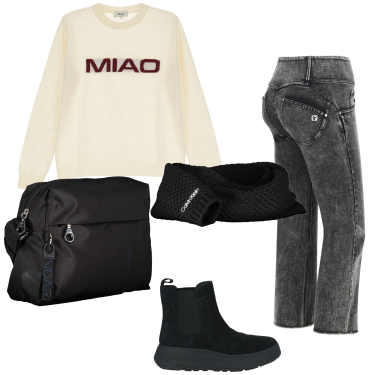 Outfit donna - W i gatti. Stile Trendy per Tutti i giorni. Abbinamento con stivaletti chelsea, jeans a zampa, maglieria, borse a tracolla, sciarpe.