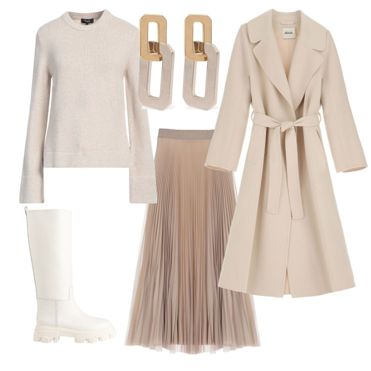 Outfit donna - Bianco e crema. Stile Glamour per Tutti i giorni. Abbinamento con pullovers, stivali, gonne, cappotti, orecchini.