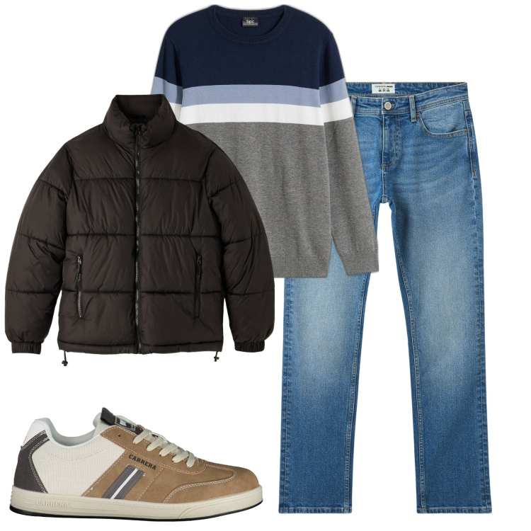 Outfit uomo - Total look #2032298. Stile Casual per Tutti i giorni. Abbinamento con maglieria, jeans, piumini, sneakers.