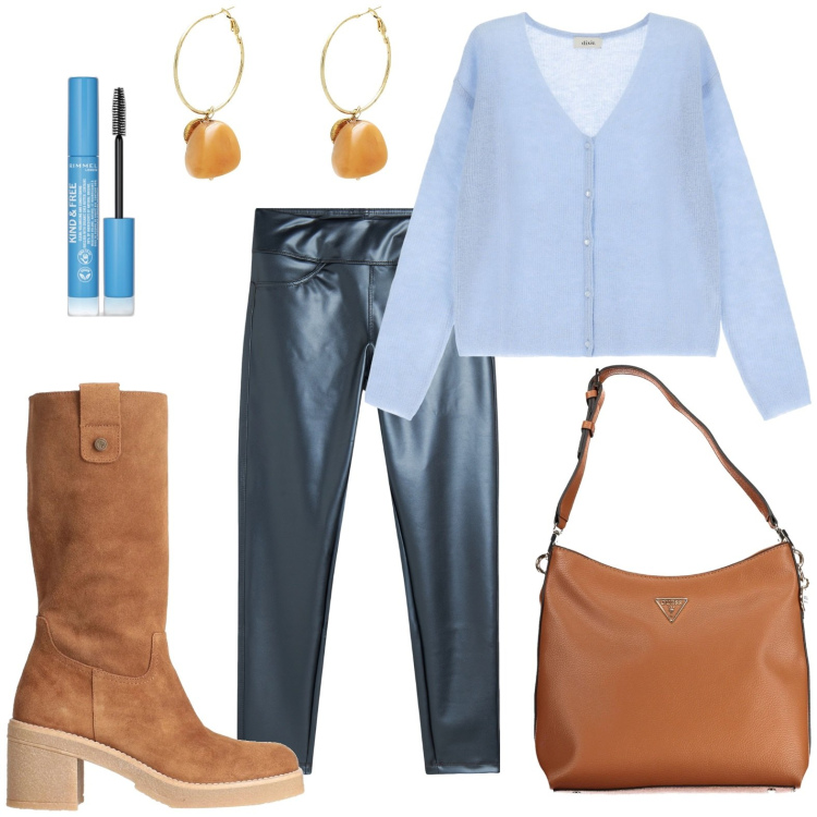 Outfit donna - I pantaloni in semilpelle. Stile Sexy per Tutti i giorni. Abbinamento con stivali, orecchini, mascara, leggings, cardigans, borse a tracolla.