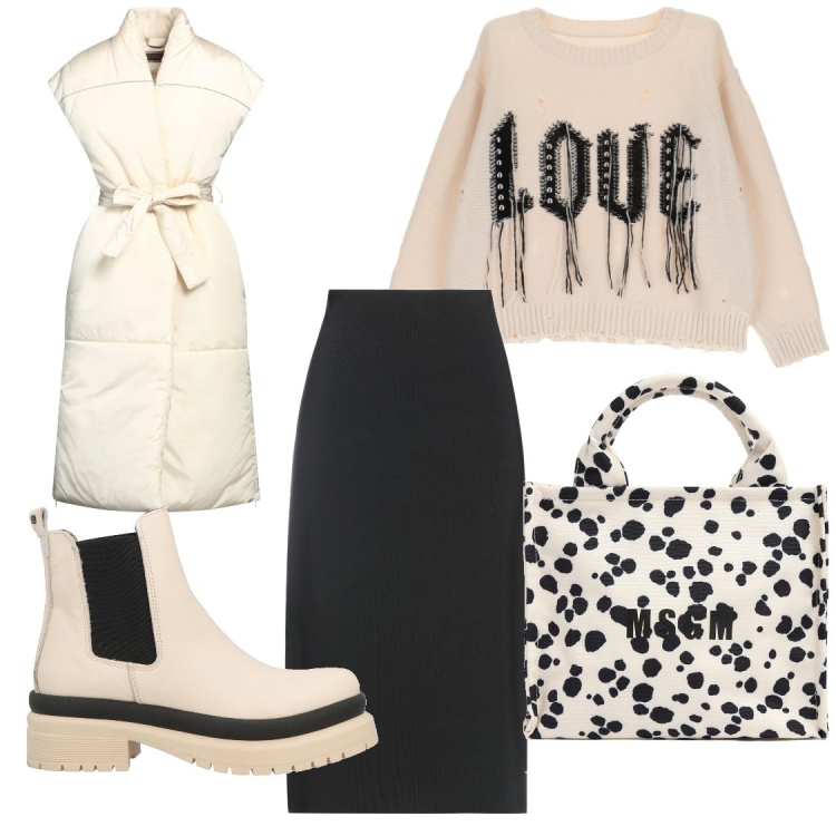 Outfit donna - Love. Stile Glamour per Tutti i giorni. Abbinamento con stivaletti, piumini, gonne longuette, maglieria, shopping bag.