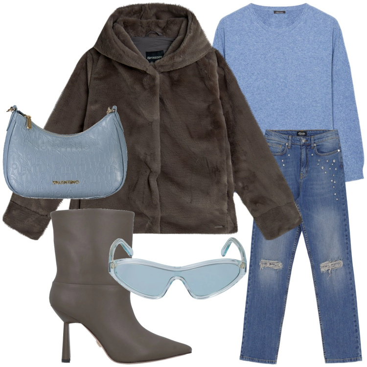 Outfit donna - La giacca color fango. Stile Minimal per Serata fuori. Abbinamento con stivaletti, blazer, jeans strappati, occhiali da sole, maglieria, borse a spalla.