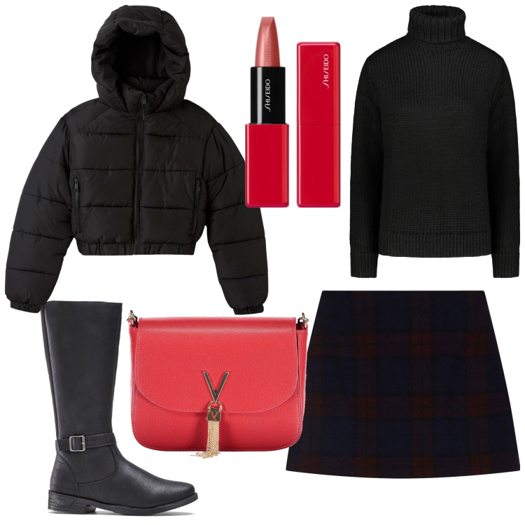Outfit donna - Serata giovane. Stile Casual chic per Serata fuori. Abbinamento con stivali, rossetti, blazer, minigonne, maglieria, borse a spalla.