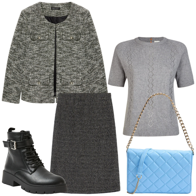 Outfit donna - Un tocco di colore. Stile Casual chic per Serata fuori. Abbinamento con borse a tracolla, anfibi, gonne longuette, maglieria, blazer.