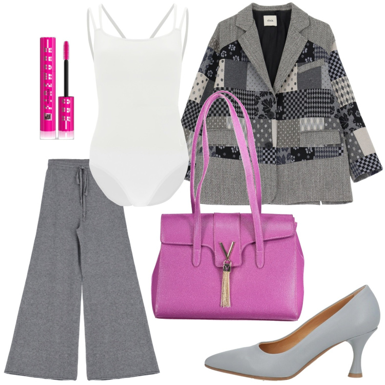 Outfit donna - My bag fuxia. Stile Trendy per Ufficio. Abbinamento con décolleté, mascara, pantaloni, body, blazer, borse a spalla.