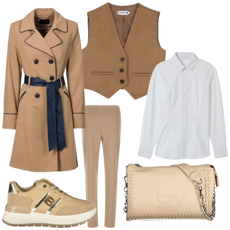 Outfit donna - Cappotto e sneakers. Stile Casual chic per Serata fuori. Abbinamento con trench, camicie, gilet, pantaloni, sneakers, borse a spalla.
