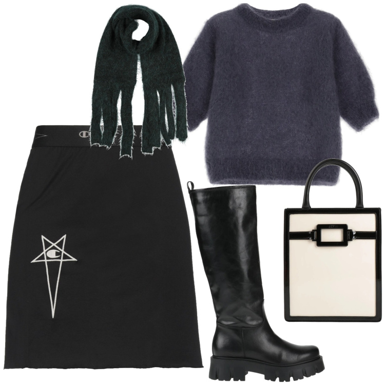 Outfit donna - Ufficio curvy. Stile Bon Ton per Ufficio. Abbinamento con minigonne, sciarpe, stivali, borse a mano, maglieria.