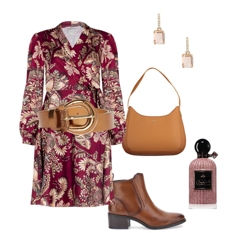 Outfit donna - Abbraccia le tue curve con il wrap dress. Stile Casual chic per Serata fuori. Abbinamento con profumi, vestiti, orecchini, stivaletti, cinture, borse a spalla.