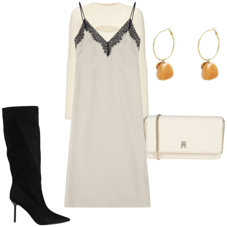 Outfit donna - Curvy layering. Stile Casual chic per Tutti i giorni. Abbinamento con stivali, orecchini, borse a tracolla, vestiti midi/longuette, maglieria.