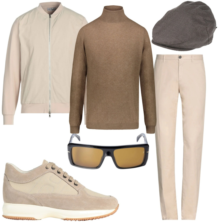 Outfit uomo - In beige tandy. Stile Trendy per Tutti i giorni. Abbinamento con giacche, cappelli, pantaloni, sneakers, maglieria, occhiali da sole.