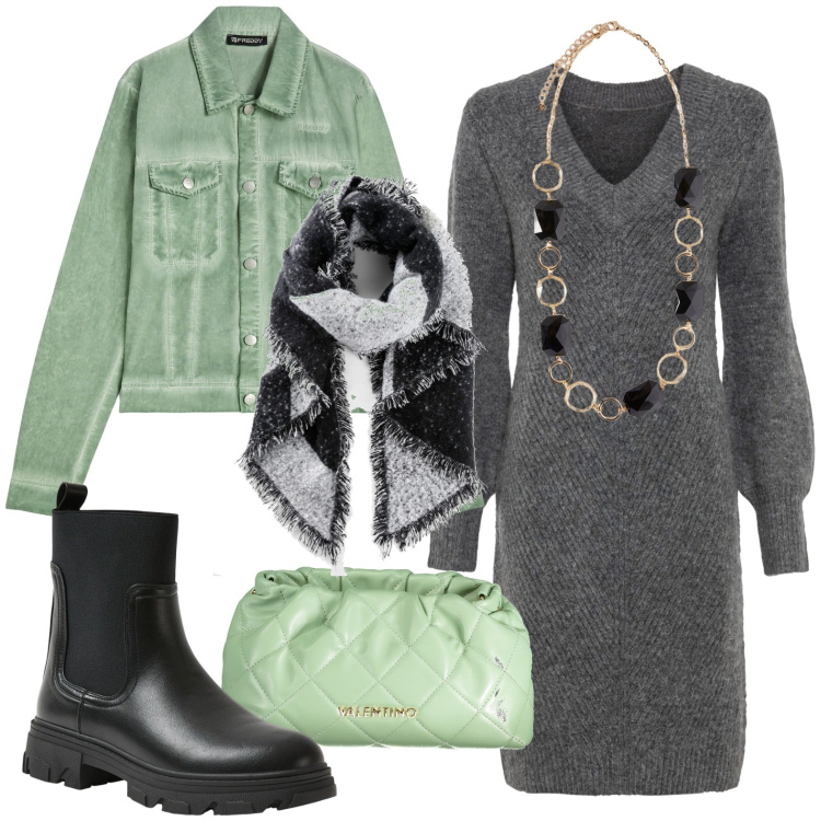 Outfit donna - Dettagli verde acquamarina. Stile Glamour per Serata fuori. Abbinamento con vestiti, sciarpe, stivaletti chelsea, blazer, collane, borse a spalla.
