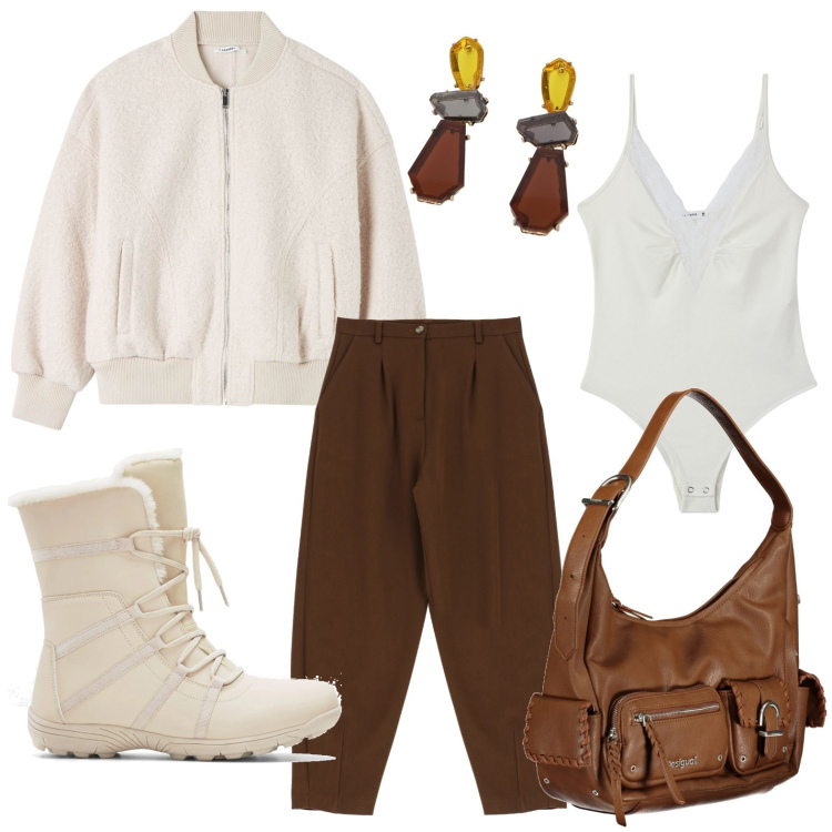 Outfit donna - Orecchini chandelier. Stile Glamour per Tutti i giorni. Abbinamento con stivaletti, body, bomber, orecchini, pantaloni, borse a spalla.