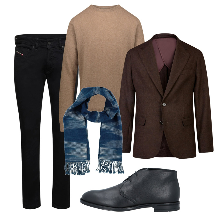 Outfit uomo - La sciarpa blu. Stile Trendy per Ufficio. Abbinamento con stivali e stivaletti, sciarpe, maglieria, giacche, jeans skinny.
