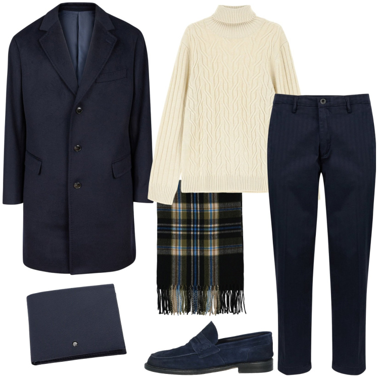Outfit uomo - 7 gennaio: rientro in ufficio. Stile Casual per Ufficio. Abbinamento con scarpe stringate, sciarpe, maglieria, portafogli, pantaloni, cappotti.
