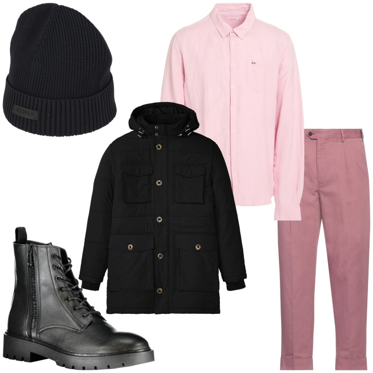 Outfit uomo - Man in pink. Stile Urban per Tutti i giorni. Abbinamento con parka, pantaloni, camicie, cappelli, stivali.