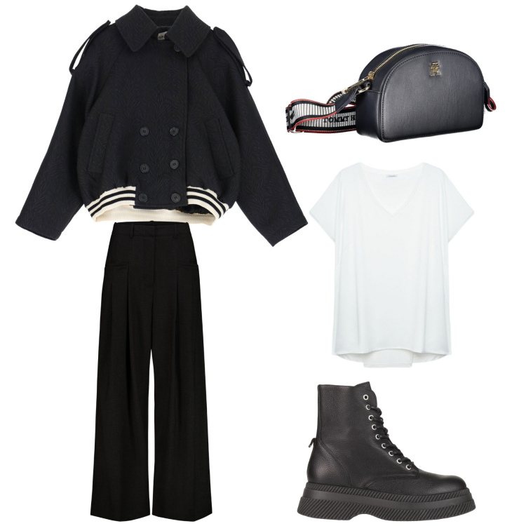 Outfit donna - Tempo libero. Stile Casual per Tutti i giorni. Abbinamento con stivaletti, blazer, t-shirt, borse a tracolla, pantaloni.