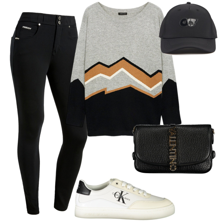 Outfit donna - City. Stile Casual per Tutti i giorni. Abbinamento con pantaloni skinny, cappelli, sneakers, maglieria, borse a tracolla.