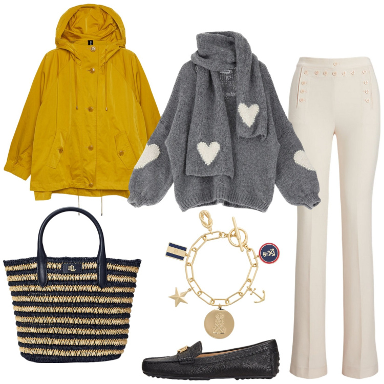 Outfit donna - Passeggiando al mare in inverno. Stile Casual per Tutti i giorni. Abbinamento con maglieria, mocassini, pantaloni, borse tote, braccialetti con ciondoli, blazer.