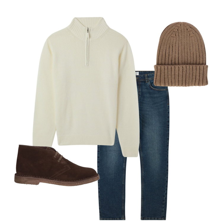 Outfit uomo - Maglione bianco. Stile Casual per Tutti i giorni. Abbinamento con stivali e stivaletti, jeans, maglieria, berretti.