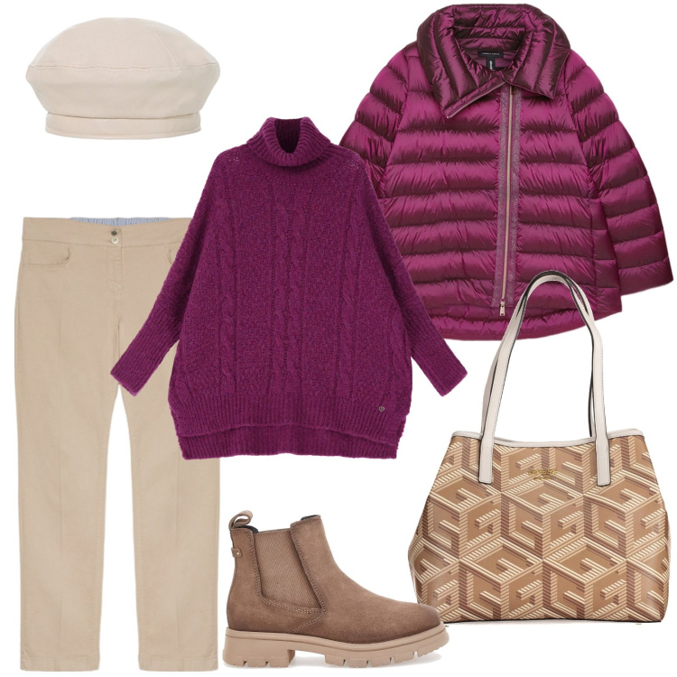 Outfit donna - Comodamente... shopping. Stile Casual per Tutti i giorni. Abbinamento con maglieria, cappelli e berretti, stivaletti chelsea, piumini, pantaloni, borse a spalla.