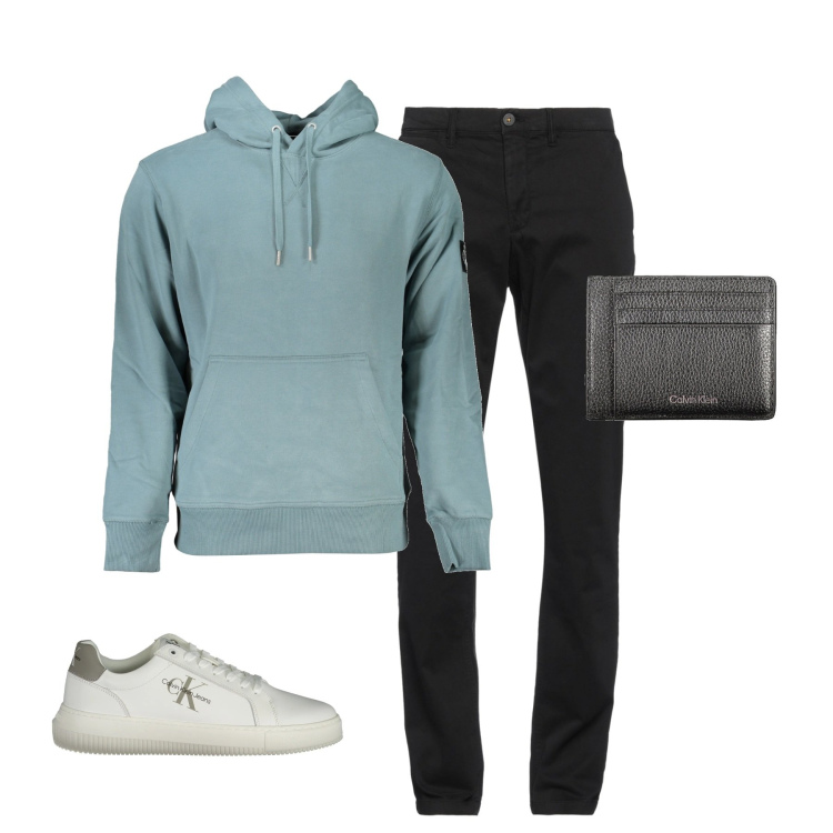Outfit uomo - Felpa verde. Stile Casual per Tutti i giorni. Abbinamento con pantaloni chino, felpe con cappuccio, portafogli, sneakers.