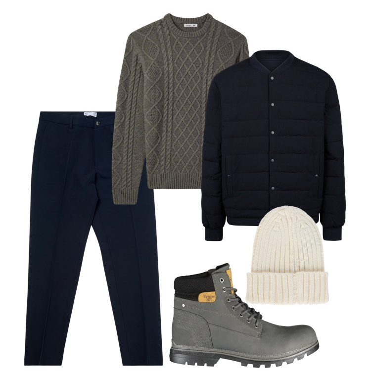 Outfit uomo - Fango e blu. Stile Casual per Serata speciale. Abbinamento con pantaloni chino, maglieria, stivali, berretti, piumini.